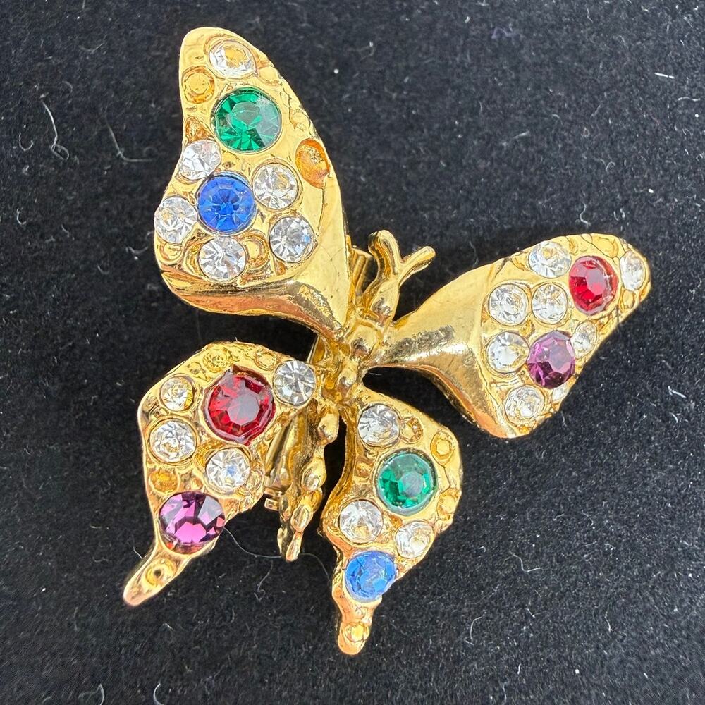 VINTAGE Butterfly Brooch Gold Tone Multicolor Rhinestones 3D Costume Jewelry Pin